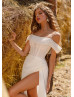 Cold Shoulder Ivory Glitter Tulle High Slit Wedding Dress